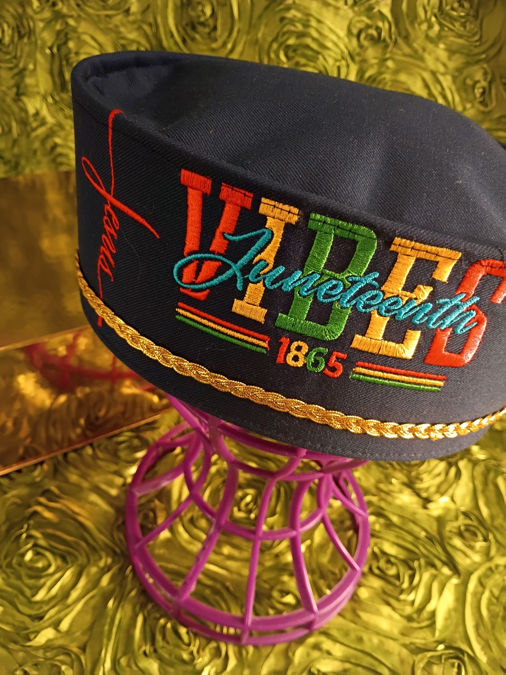 VIDA Navy Kufi with Multicolor Juneteenth Embroidery and Gold Braid